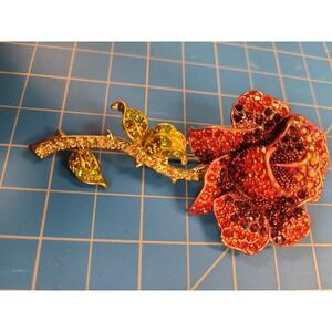 Red Rhinestone Rose Flower Brooch Pin Floral Jewelry Fashion Accessory Gift